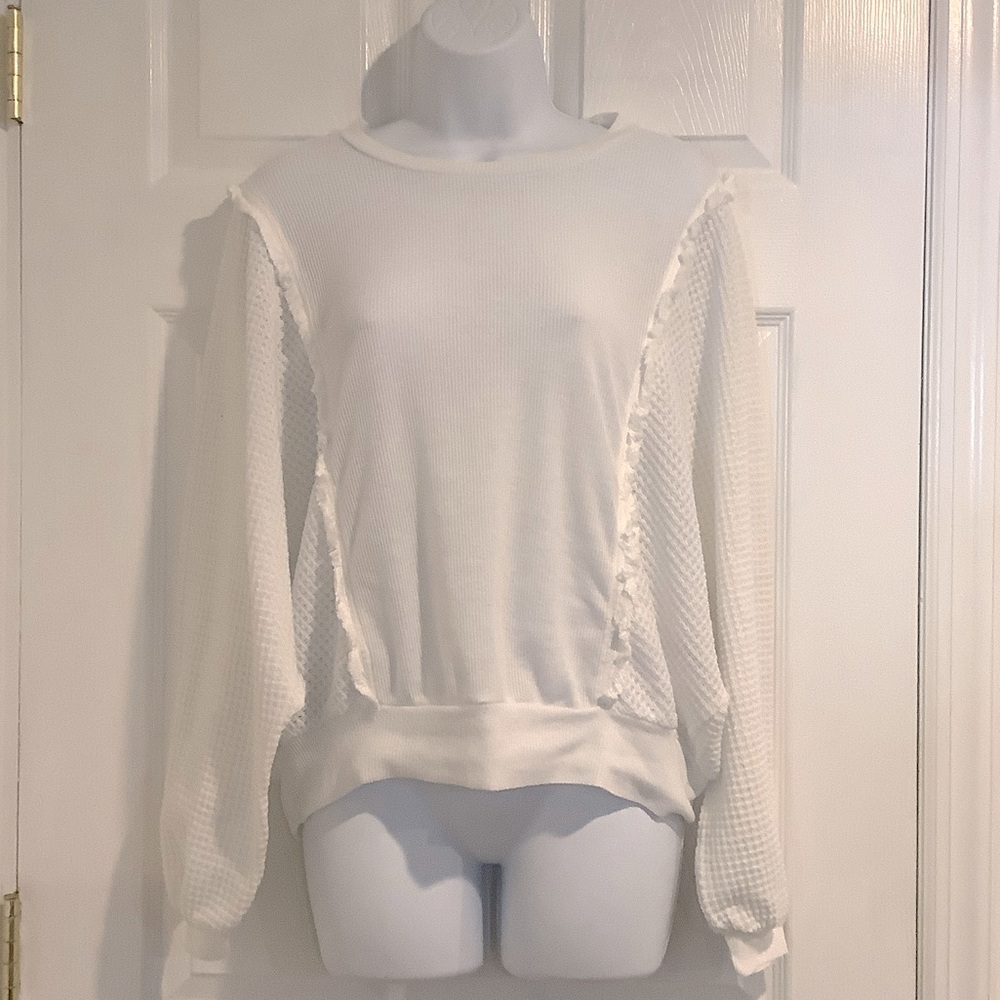 SIX/FIFTY Women’s White Loose Waffle Batwing Boho Coastal Cowgirl Fringe Top S